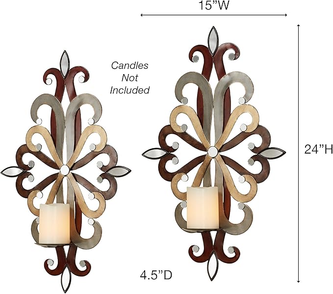 Fiorenzo Wall Sconce Pair | Set of Two Candle Sconces | Modern Candle Holders | Mirrored Hand Dyed Candleholders | Silver Auburn Gold Brown | Swirl Scrolls | Wall Decoration | Hanging Wall Sconces