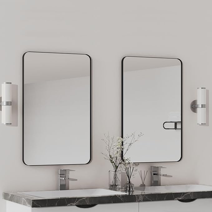 VocalStar Black Metal Framed Bathroom Mirror for Wall, 16 x 24 Inch Rounded Rectangle Matte Black Bathroom Vanity Mirror Farmhouse, 1/4-inch Shatterproof Glass | Ultra-Flush Hanging