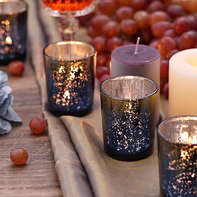Volens 12pcs Assorted Navy Votive Candle Holders, Large Speckles Mercury Glass Votive & Tealight Candle Holder Bulk for Wedding Table Centerpiece, Navy and Gold Themed Party Decorations and Home Decor