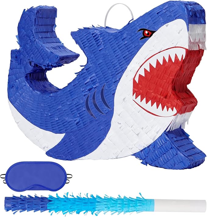 WERNNSAI Shark Piñata - Ocean Shark Birthday Party Decorations Kids Boys Pinata with Blindfold and Bat for Under the Sea Party Supplies Baby Shower Birthday Game Set