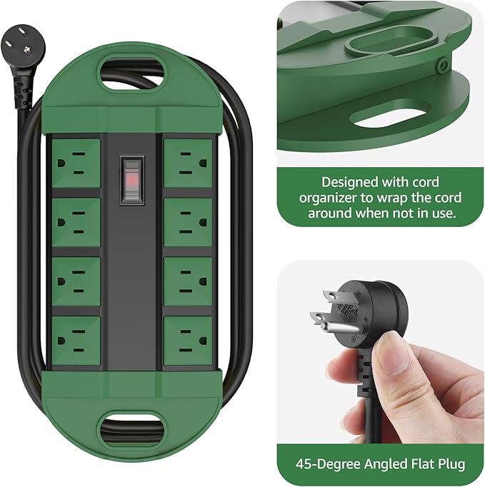 CCCEI Outdoor Power Strip Weatherproof with 8 Plug, Waterproof Extension Cord with Multiple Outlets, Christmas Exterior Garden Yard Surge Protector 25FT, Green.