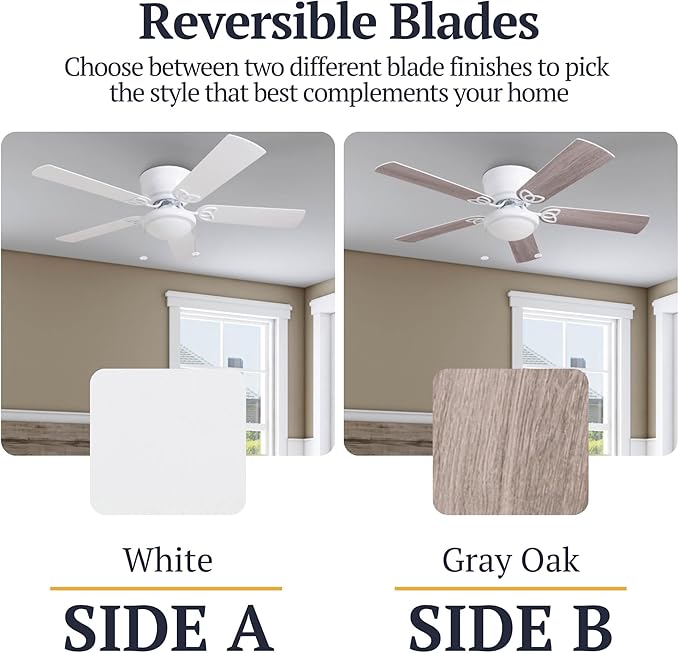 Prominence Home Benton Traditional 52 Inch Ceiling Fan with Light, LED Flush Mount Ceiling Fan, Indoor Fan with 5 Blades, White and Gray Oak Blade Finish Options, White (50852-01)