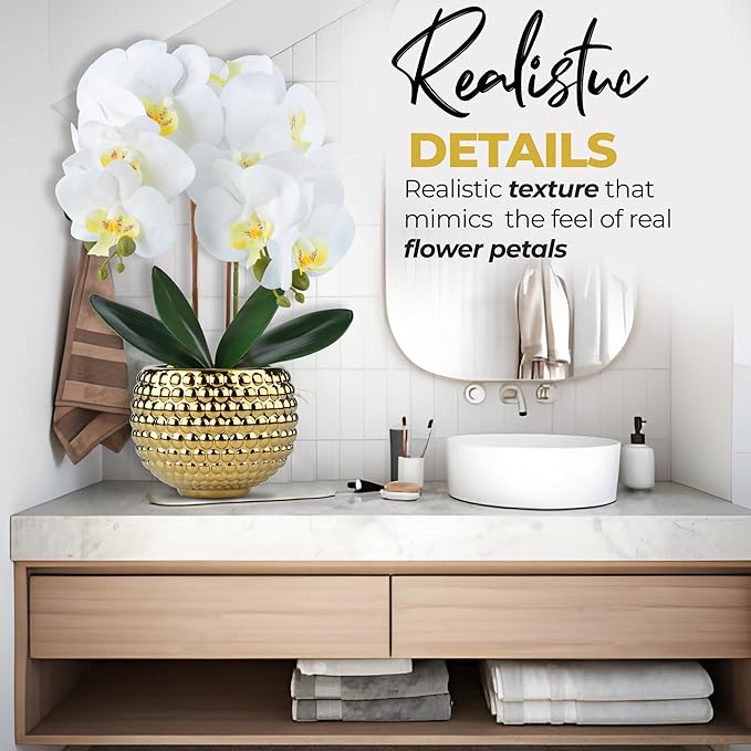 Large Orchids Artificial Flowers, 17'' White Faux Orchids with Gold Pot for Living Room Decor, White Faux Orchid Plant for Bathroom Kitchen Home Indoor Hotel Decor (Large Gold)