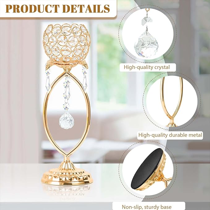 2 Pcs Gold Elegant Metal Crystal Tea Light Candle Holders with Bling Crystal Pendants, Hollow Design - Wedding Table Centerpieces for Anniversary Birthday Party, Home Decor