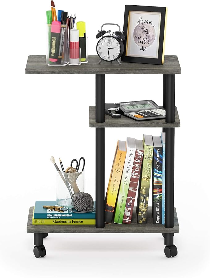 Furinno Turn-N-Tube C Shaped Side Table with Casters, French Oak Grey/Black