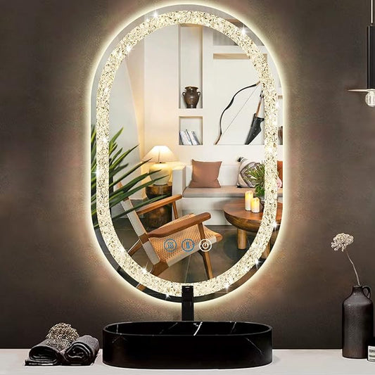 Crystal Oval Vanity Mirror with Lights 16 x 24 Inch Crystal Oval Lighted Mirror for Bathroom Wall Horizontal/Vertical Mount Makeup Table Diamond LED Ovals Mirrors Lights Smart 3 Color Antifog