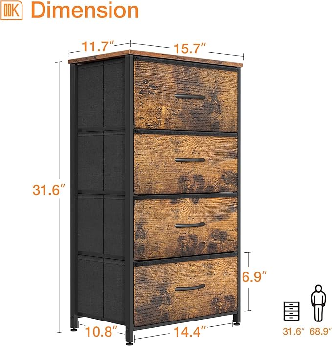ODK Dresser for Bedroom with 4 Storage Drawers, Small Dresser Chest of Fabric Drawers with Sturdy Steel Frame, Wood Top, Vintage