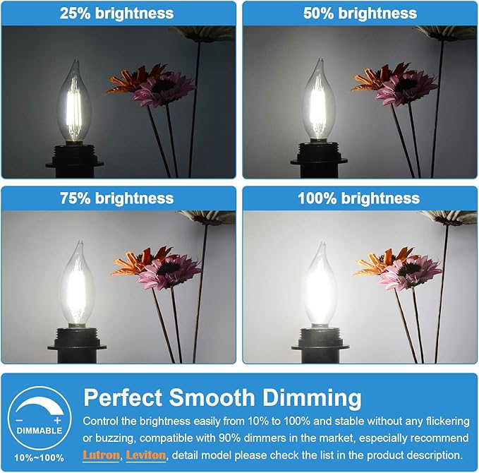 TOBUSA Dimmable E12 Candelabra LED Bulbs 60 Watt Incandescent Equivalent, 5000K Daylight White, Clear Filament Chandelier Light Bulbs 6W, 600lm, CA11 Vintage Ceiling Fan Light Bulbs with Flame Tip