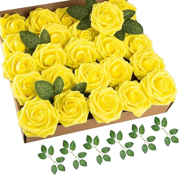 Yellow Artificial Flowers Fake Roses 50 PCS with Stem, Flower Heads Fake Rose for Crafts Bouquets for DIY Wedding Decorations Centerpieces Arrangements Party Home Garden Decor