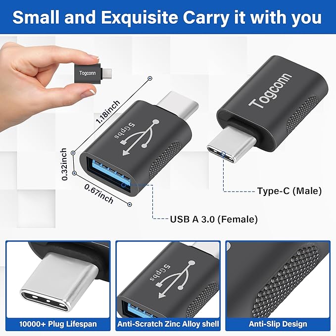 USB-C to USB A Adapter (2 Pack), [Slim Design, Side-by-Side Use] USB Type-C to A OTG Converter, USB C (Male) to USB A 3.0 (Female) Connector for MacBook Pro, iPhone 15, Galaxy S23, Zinc Alloy Shell