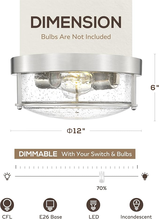 FEMILA Brushed Nickel Flush Mount Ceiling Light, 12" Bedroom Ceiling Light, Seeded Glass, E26 Base, 4FTJ22-F BN