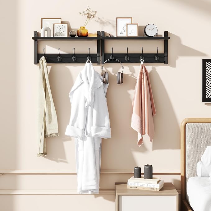 YMYNY Coat Rack Shelf Wall Mounted, Coat Hooks Set of 2, Entryway Coat Hanger with 8 Hooks, 31.5" Wall Floating Shelf with Hat Rack, for Kitchen, Bedroom, Bathroom, Black UHWS001B-2