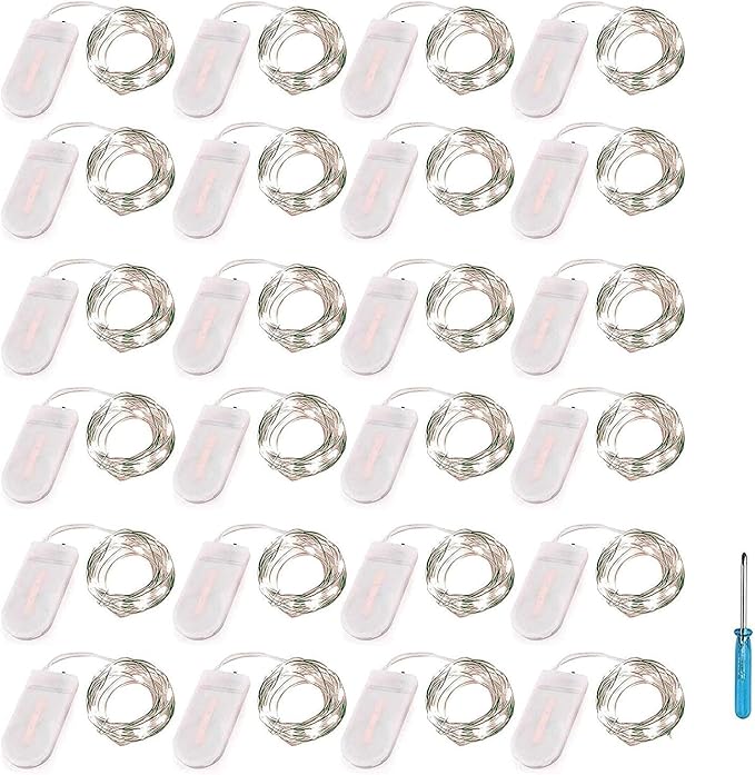 YJFWAL 24 Packs Fairy Lights Battery Operated, LED String Lights 10.2FT 30LEDs Waterproof Copper Wire Firefly Light, Mini Starry Moon Lights for DIY Crafts Wedding Party Christmas Decor (Cool White)