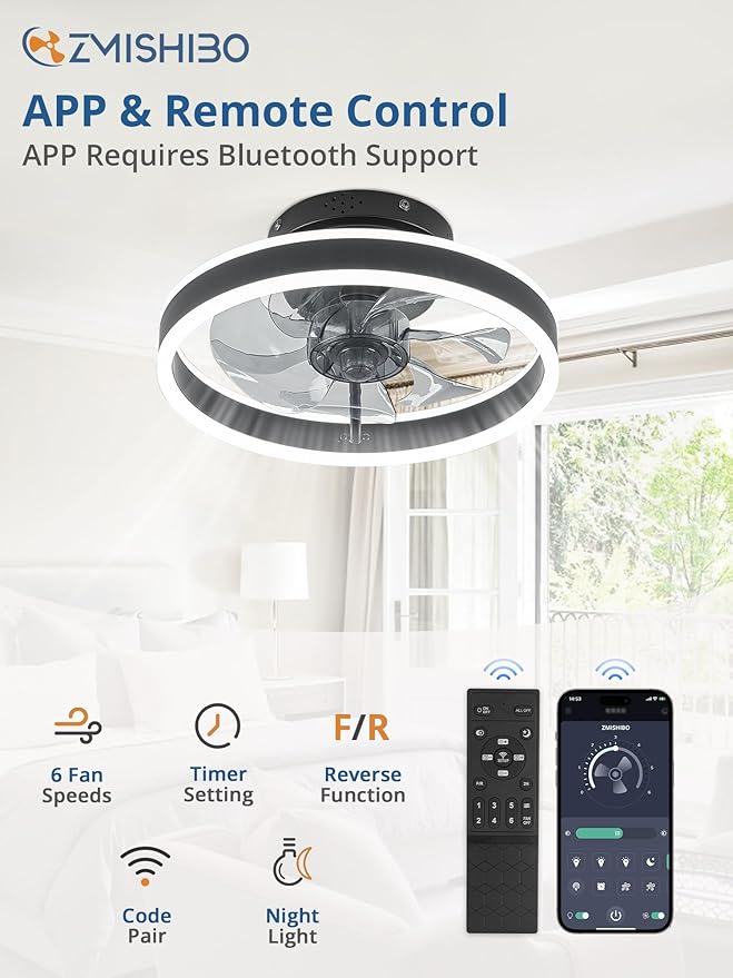 ZMISHIBO Low Profile Ceiling Fans with Lights and Remote, 13 Inch Fandelier Ceiling Fan with Light, Black Modern Flush Mount Ceiling Fan, Small Dimmable LED Fan Lights for Bedroom