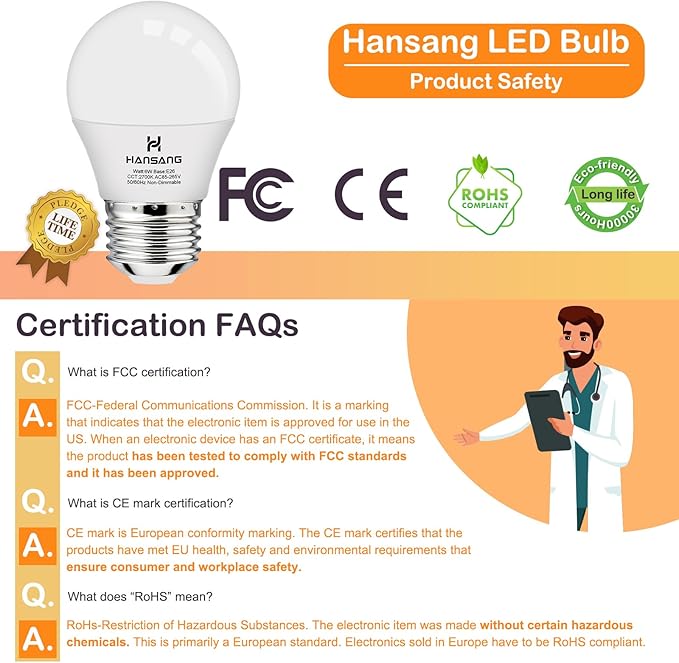 hansang E26 Appliance Light Bulb, 2700K Warm White, 60 Watt Equivalent Small Light Bulb, E26 LED Bulb for Ceiling Fan, A15 Light Bulb, 600lm 120V, CRI85+, Eye Protection, 120V, Non-Dimmable 6 Pack