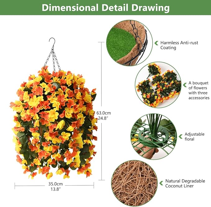 Artificial Hanging Flowers Basket for Fall Autumn Outdoor Decor,Faux Silk Begonia in Planter Look Real UV Resistant for Porch Home Patio Garden Yard Decoration