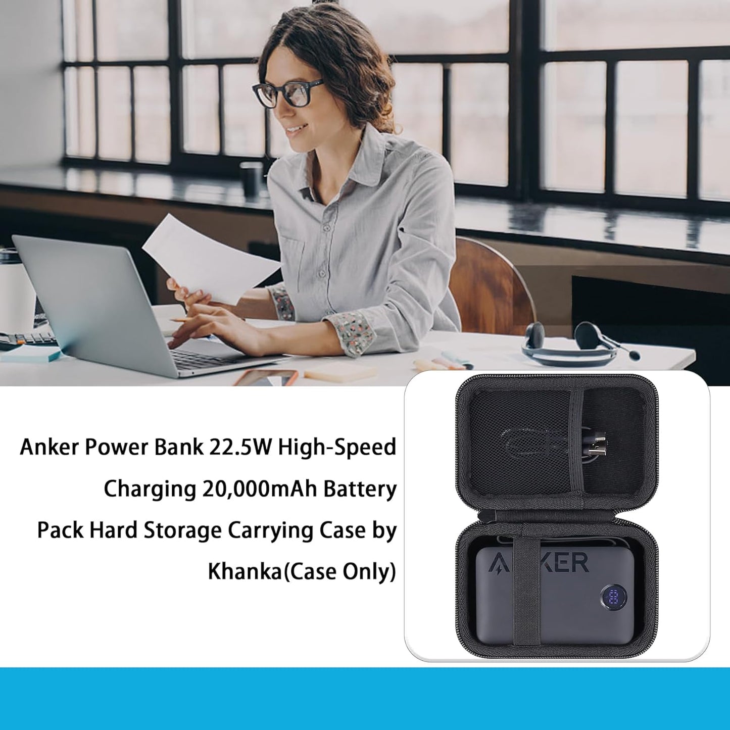 khanka Hard Case for Anker 20,000mAh Portable Charger, 22.5W High-Speed Power Bank with Built-in USB-C Cable