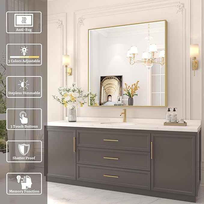 36x36 Inch LED Bathroom Mirror, Gold Metal Framed Lighted Mirror for Bathroom, Wall Mouted LED Vanity Mirror with Lights, 3 Colors and Stepless Dimmable, Anti-Fog, Memory