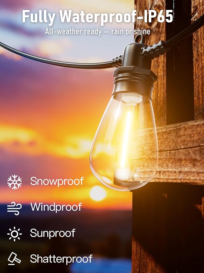 150FT LED Outdoor String Lights With 45 Edison Shatterproof IP65 Waterproof Bulbs, 2700K Dimmable Commercial Grade Patio Lighting, Heavy Duty Outside Hanging for Garden Porch Deck Decor