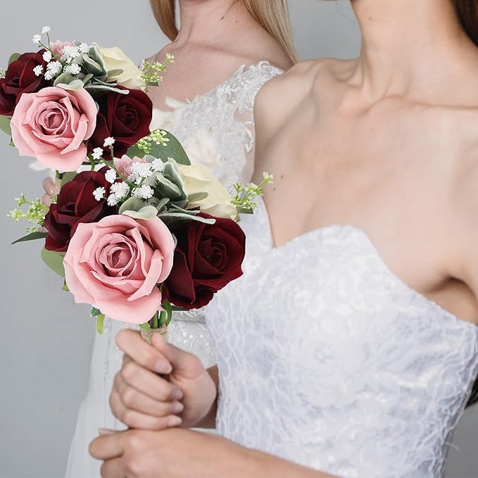 Set of 2 Artificial Bridesmaid Bouquets Blush & Burgundy -7 Inch Silk Rose Wedding Flower Bouquets for Bridesmaid Holding Flowers , Bridal Shower, Wedding Centerpiece Ceremony and Anniversary