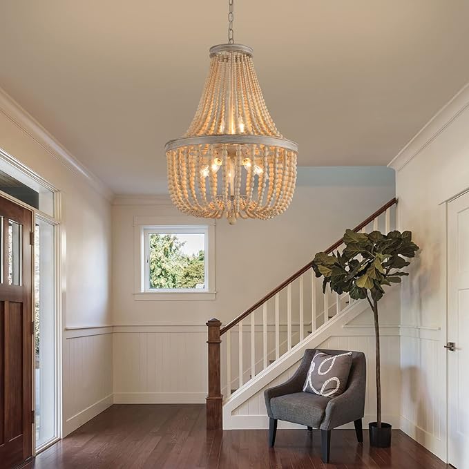 Q&S Farmhouse Wood Beaded Chandelier,Oak White 8-Lights Retro Vintage Antique Rustic Boho Pendant Light Fixture for Foyer Living Room Bedroom Kitchen Dining Room Office Nursery UL Listed