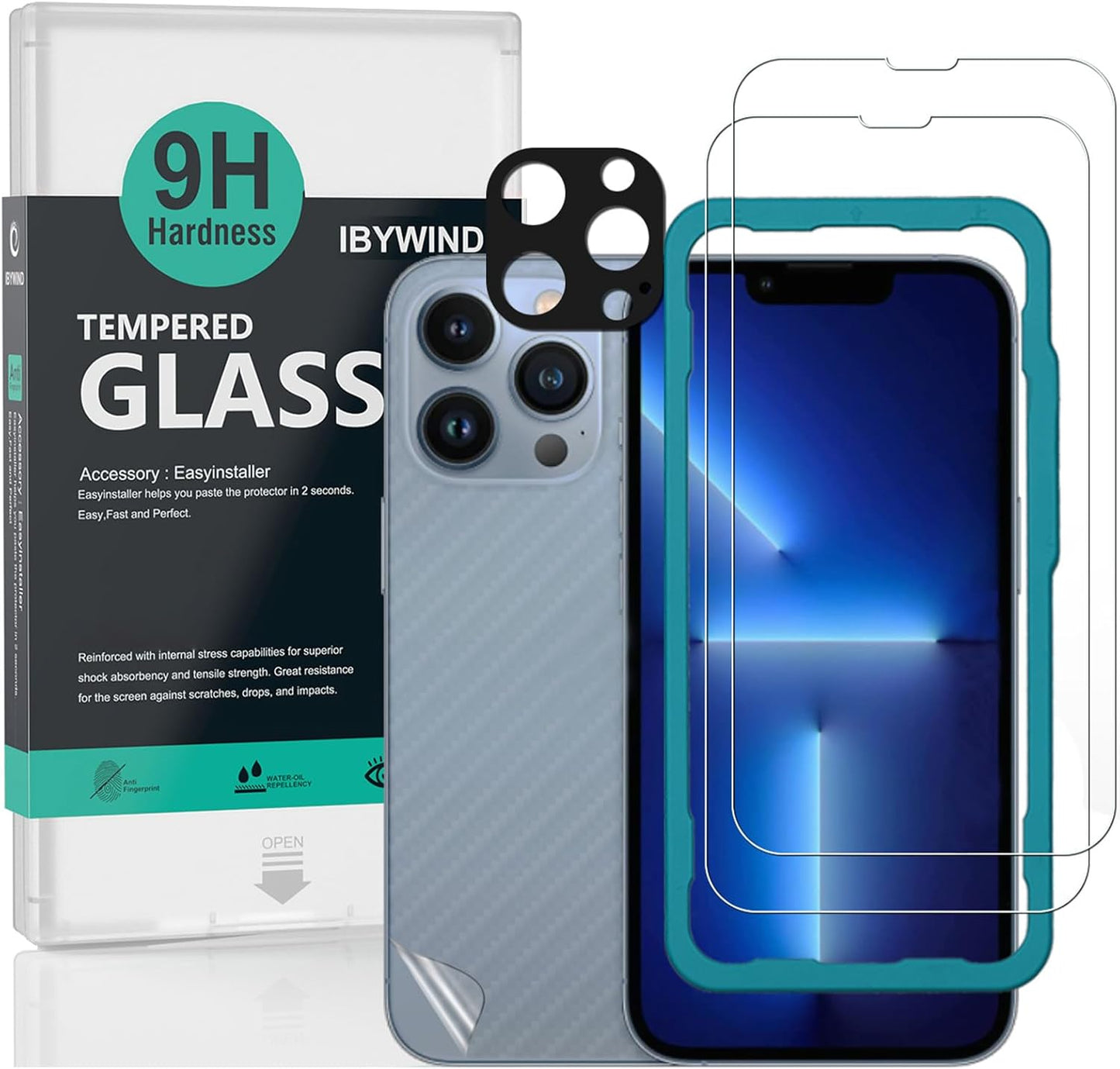 Ibywind Screen Protector for iPhone 13 Pro (6.1 Inches) with 2Pcs Tempered Glass, Camera Lens Protector & Carbon Fiber