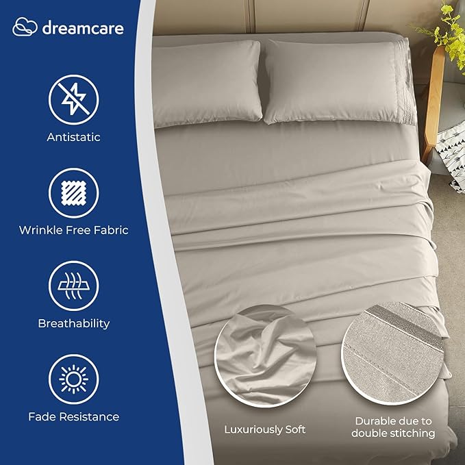 DREAMCARE California King Sheet Sets – 4 pcs Cooling Sheets – up to 21” Deep Cal King Sheets – Hotel Luxury Sheets & Pillowcases – Superior Softness 100% Fine Microfiber with Side Pocket – Ivory