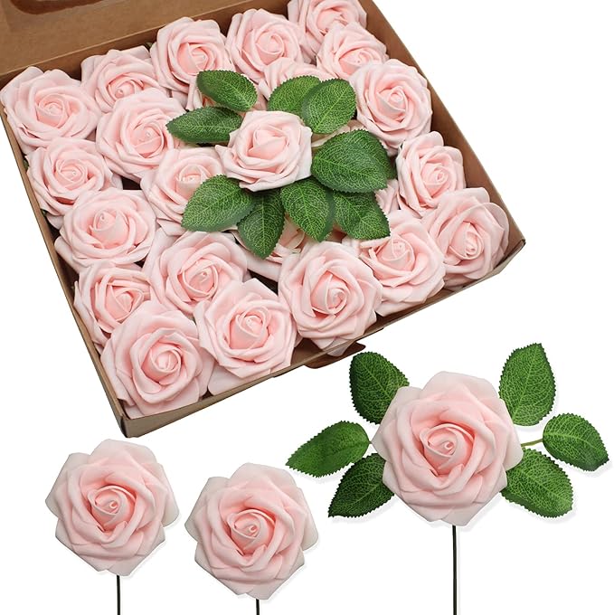 JOYLEX Artificial Flowers Realistic Roses, 25pcs Real Looking Fake Roses with Stem for DIY Wedding Bouquets Centerpieces Bridal Shower Party Home Romantic Decorations (25pcs, Light Pink)