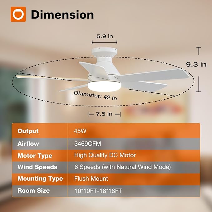 addlon Ceiling Fans with Lights, 42 Inch Low Profile Ceiling Fan with Light And Remote Control, Flush Mount, Reversible, 3CCT, Dimmable, Quiet, White Small Ceiling Fan for Bedroom Indoor/Outdoor Use