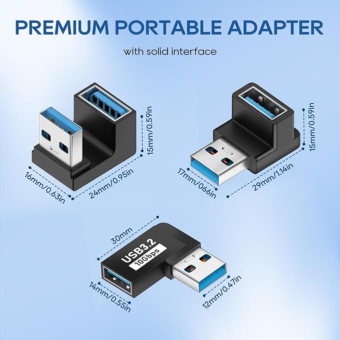 UCEC 6-Pack 90 Degree USB 180 Degree USB 3.2 Adapter, USB 90 Degree Adapter USB Angle Adapter, Up and Down Angle, Left and Right Angle USB A Male to USB A Female Adapter Extender Connector 10Gbps