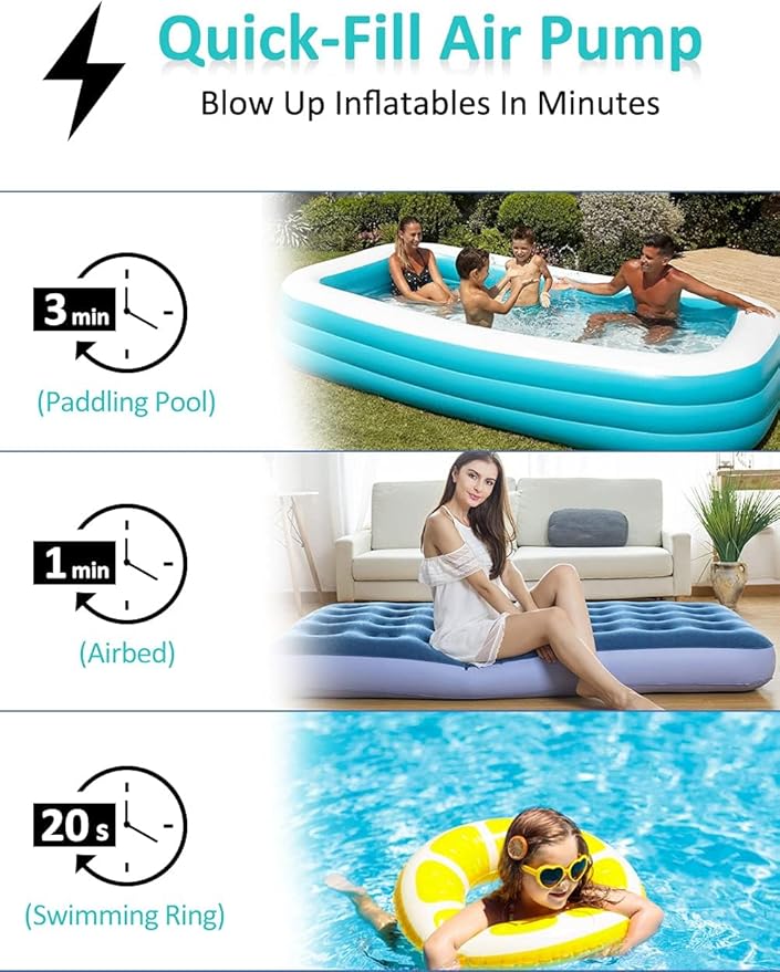 Electric Air Pump for Inflatables- 2×2000mAH Rechargeable Battery Powered Air Mattress Pump- Cordless Portable Air Pump, Quick-Fill Inflator Pump for Camping Air Mattress Bed, Pool Floats Toys, Boats