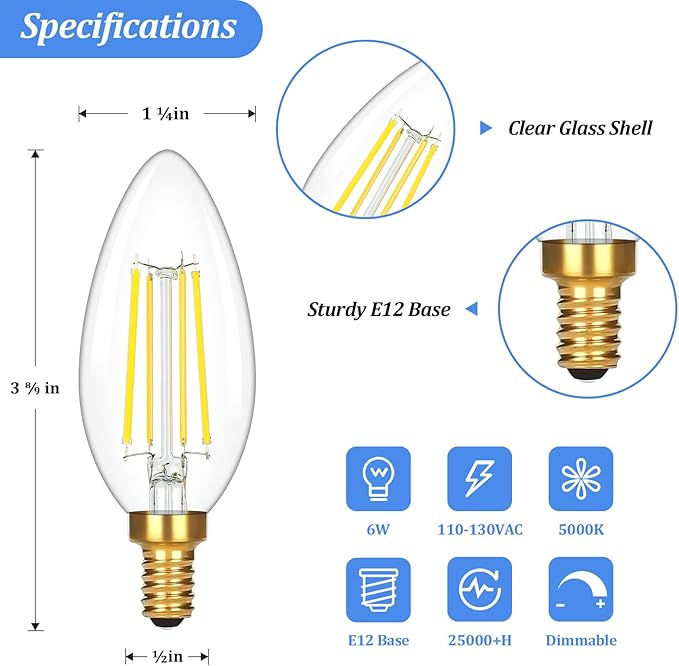 Brightever E12 Candelabra LED Light Bulbs 60 Watt Equivalent, 12 Packs Super Bright 620 Lumen, 6W Clear LED Candle Bulbs, Daylight White 5000K Dimmable Chandelier Light Bulbs for Ceiling Fan