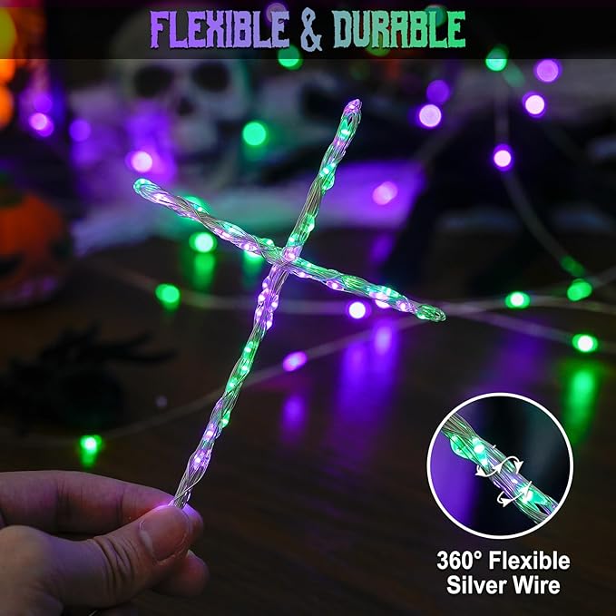 JMEXSUSS 4 Pack 50 LED Purple and Green Fairy Lights Battery Operated, 16ft String Fairy Lights for Tree Party Holiday Decor