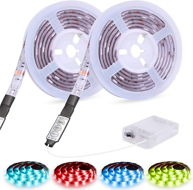 RGB Led Lights Strip Battery Operated 3 Keys Controller Battery Led Lights Strip Waterproof Color Changing Led Lights TV DIY LED Tape Lights 6.56ft 2Pack