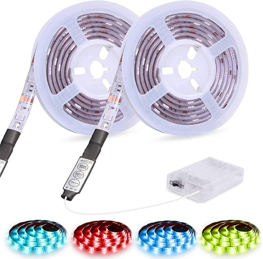 RGB Led Lights Strip Battery Operated 3 Keys Controller Battery Led Lights Strip Waterproof Color Changing Led Lights TV DIY LED Tape Lights 6.56ft 2Pack