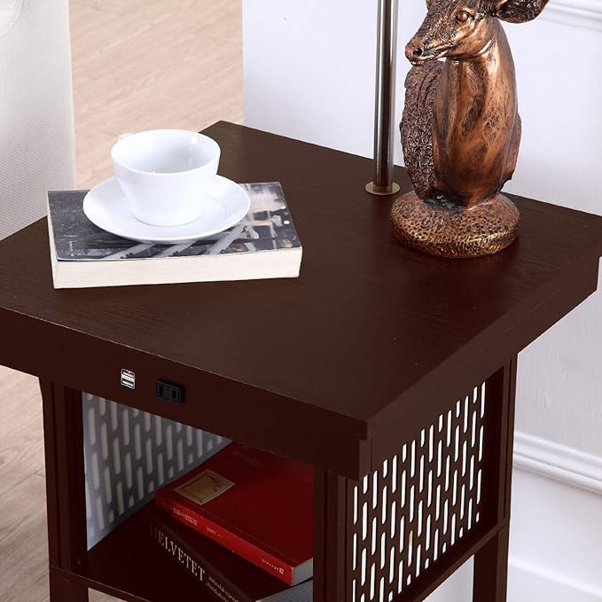 Brightech Madison Side Table with Lamp Combo with LED Bulb, Desk Lamp with USB Port, Bedside Reading Light, Modern End Table with Floor Lamp for Bedroom, Living Room, Office - Havana Brown