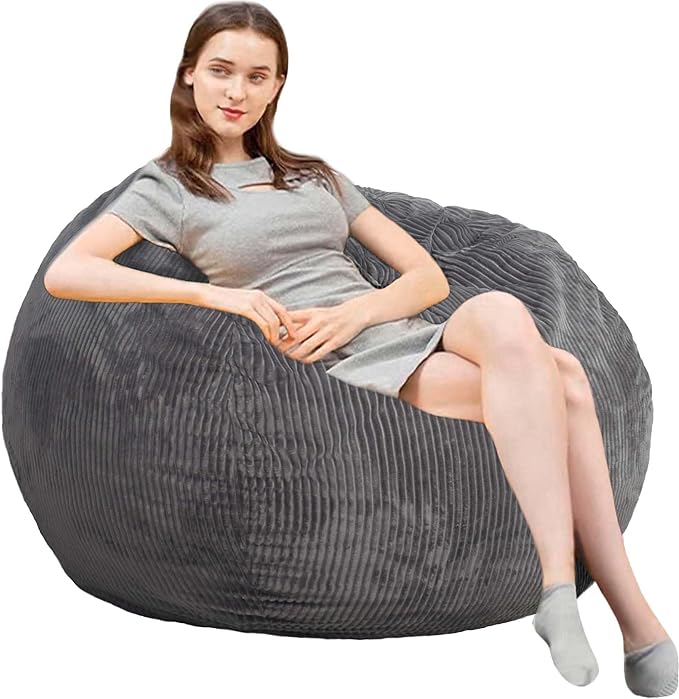 Bean Bag Chair with Faux Rabbit Fur Cover, 4 ft Giant Memory Foam Bean Bag Chairs for Adults/Teens with Filling,Ultra Soft Faux Fur Fabric, Round Fluffy Sofa