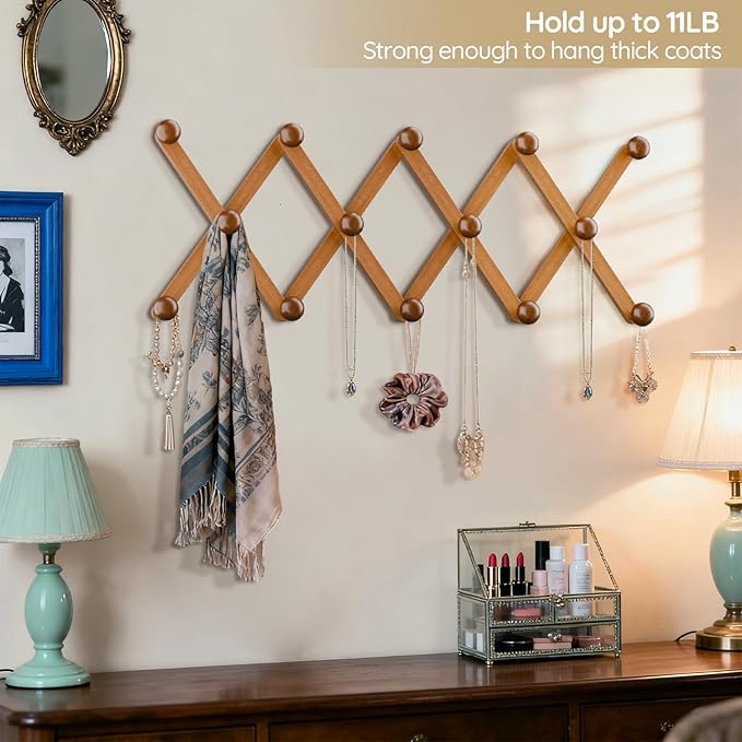 WGFKVAS Hat Rack for Wall with 14 Hooks, Solid Wooden, Expandable Coat Rack Wall Mount for Coats, Hats, Bags, Baseball Caps, Brown