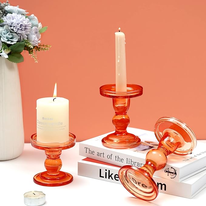 GMWD 3 Pcs Glass Candle Holder Set Clear, Orange Rose Candlesticks Holders Pillar Taper Candles Tealight Stand for Wedding Centerpieces Home Decorations Dining Table