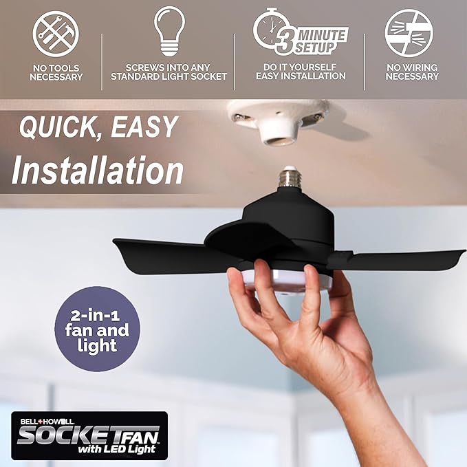 Bell+Howell Socket Breeze Deluxe, Small Ceiling Fan with LED Light and Remote, Adjustable Speeds and Brightness, Light Socket Fan for Bedroom, Kitchen, Living Room, 1000 Lumens