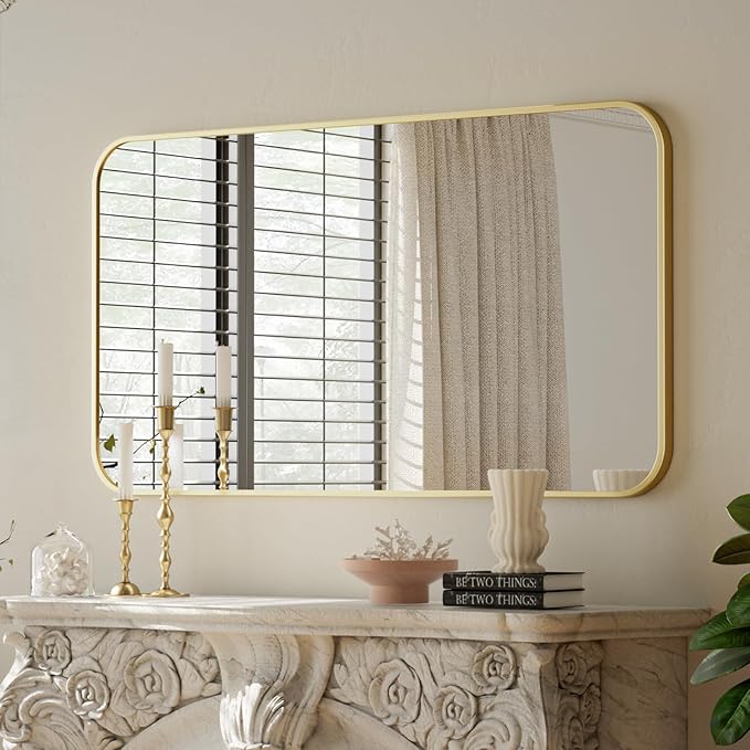 BEAUTYPEAK Gold Rectangular Bathroom Mirror - 30" x 48" Wall Mounted Aluminum Alloy Frame Mirror with Rounded Corners for Bedroom Living Room, Horizontal or Vertical