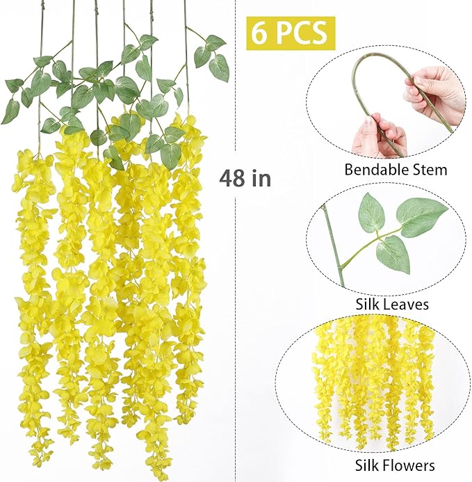 mizii 6Pcs Yellow Wisteria Hanging Flowers 48" Silk Wisteria Artificial Flowers Garland Vines Fake Hanging Flowers Decoration for Wedding Flower Wall Backdrop Centerpieces Party Room Decor (Yellow)