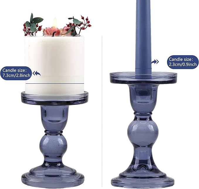 GMWD 3 Pcs Glass Candle Holder Set Clear, Blue Candlesticks Holders Pillar Taper Candles Tealight Stand for Wedding Centerpieces Home Decorations Dining Table