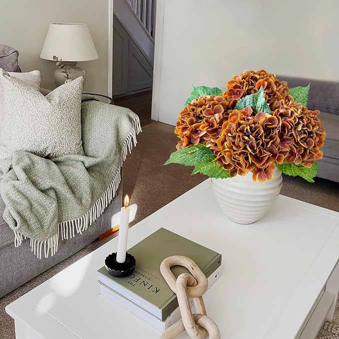 Fall Hydrangea Artificial Flowers, 4Pcs 21” Latex Real Touch Flowers, Faux Silk Flowers Fake Artificial Hydrangeas with Stems for Bouquet Table Centerpieces Halloween （Raw Umber Brown）