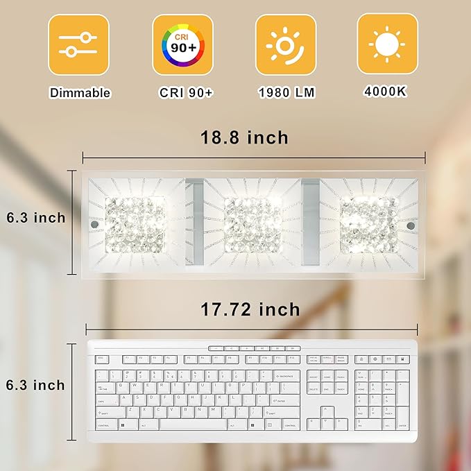 Crystal Flush Mount Ceiling Light Long Kitchen Lighting Fixtures Ceiling Rectangular Crystal Ceiling Light Fixture for Entryway, Foyer, Hallway, Bathroom, Brush Nickle 18 Inch, 18W Dimmable