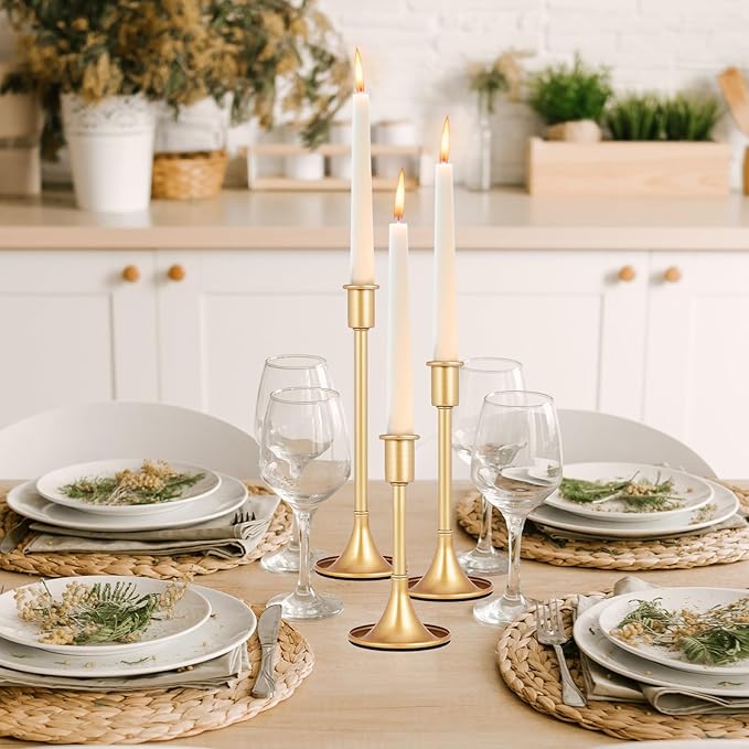 12 Pcs Gold Taper Candle Holders Lengthen with Anti-Slip Pad Vintage Low Metal Candles Metal Gold Candlestick Holder Set for Table Centerpiece,Weddings, Dinners Christmas Decor, 3 Sizes