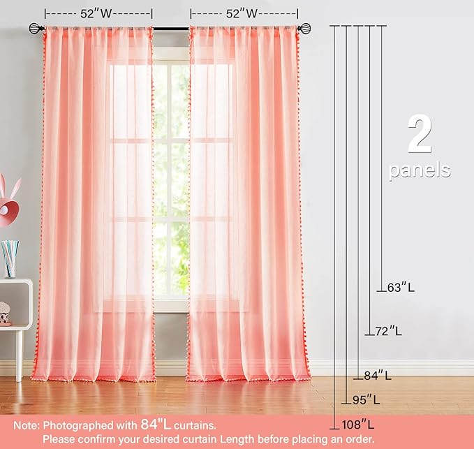Treatmentex Pompom Sheer Curtain Panels for Living Room Bedroom 52" w x 108" l Blush-Pink Window Curtain Drapes for Baby Girl's Room