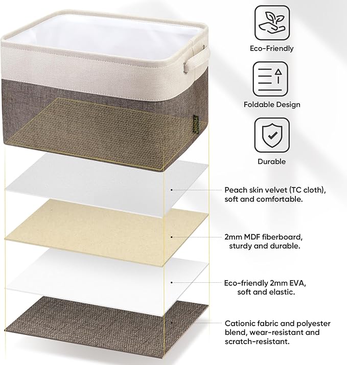 BALEINE 2 Pack Fabric Storage Bins for Shelves, Linen Storage Baskets for Organizing, Decorative Closet Bins for Clothes, Home (Brown, 15"x11"x9.5") ﻿