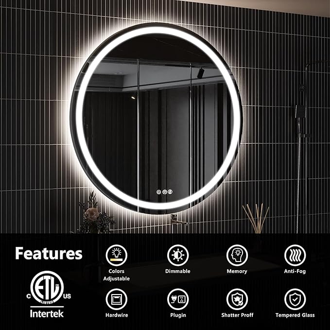 ROOMTEC LED Mirror,28" Round Backlit & Front-lit Vanity, Adjustable 3000K/4000K/6000K, Anti-Fog, Smart Touch, Stepless Dimmable
