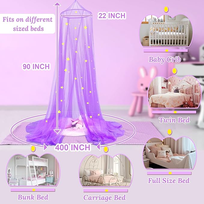 South to East Princess Bed Canopy With Glowing Stars for Girls Room, Purple Curtains From Ceiling for Twin and Full Size Beds, Ideal Gift